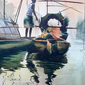 Картина под названием "boats.jpg" - Kangkan Das, Подлинное произведение искусства, Акварель