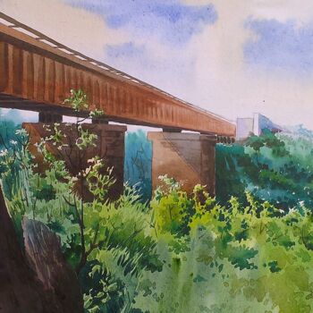 Painting titled "red bridge" by Kangkan Das, Original Artwork, Watercolor