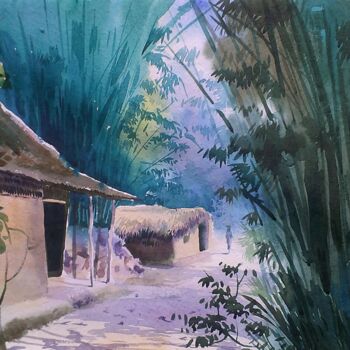 Painting titled "village" by Kangkan Das, Original Artwork, Watercolor