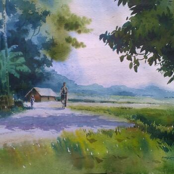 Schilderij getiteld "village road" door Kangkan Das, Origineel Kunstwerk, Aquarel