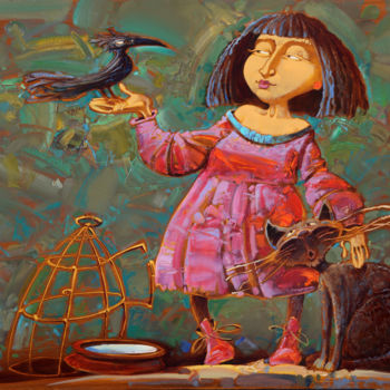Peinture intitulée "The bird lady and t…" par Konstantin Kansky (Kanskyart), Œuvre d'art originale, Huile Monté sur Châssis…