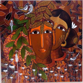 Картина под названием "Garden gossips" - Sukanthi Kp, Подлинное произведение искусства, Акрил Установлен на Деревянная рама…