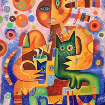 Ζωγραφική με τίτλο "'Coffeecats'" από Kaola Oty, Αυθεντικά έργα τέχνης