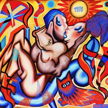 Pittura intitolato "Kissing under Full…" da Kaola Oty, Opera d'arte originale