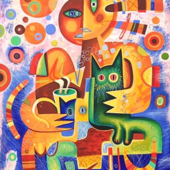 Malerei mit dem Titel "Coffee with cats" von Kaola Oty, Original-Kunstwerk, Acryl