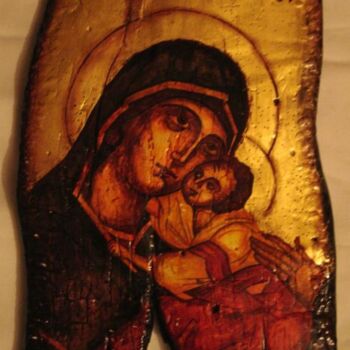 Byzantine icon on burned wood with gold 22k