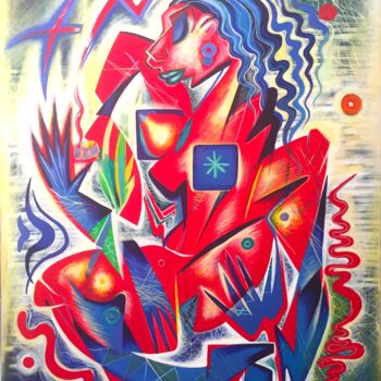 Pittura intitolato "Cubist red woman" da Kaola Oty, Opera d'arte originale