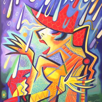 Peinture intitulée "Dame dans pluie" par Kaola Oty, Œuvre d'art originale