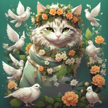 Arts numériques intitulée "鳩に慕われた花冠の猫" par Kaori Ooshima, Œuvre d'art originale, Image générée par l'IA