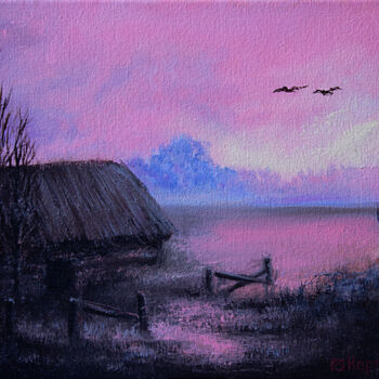 Painting titled "The Quiet Shack" by Kaprasis, Original Artwork, Oil Mounted on Wood Stretcher frame