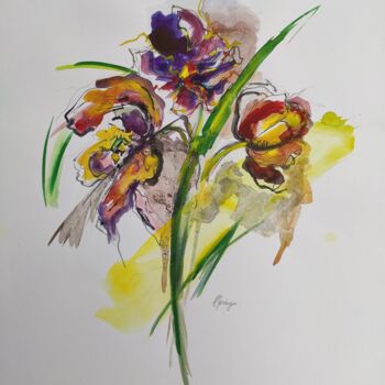 Картина под названием "Tulipes" - Eliane Karakaya, Подлинное произведение искусства, Акварель Установлен на картон