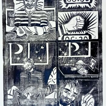 Gravures & estampes intitulée "Le reveille" par Karel Liefooghe, Œuvre d'art originale, Linogravures Monté sur Panneau de bo…