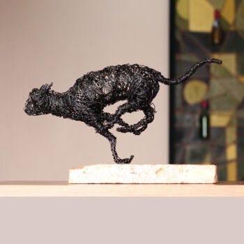 Sculpture titled "BLACK PREDATOR" by Karen Axikyan, Original Artwork, Wire Mounted on Wood Stretcher frame