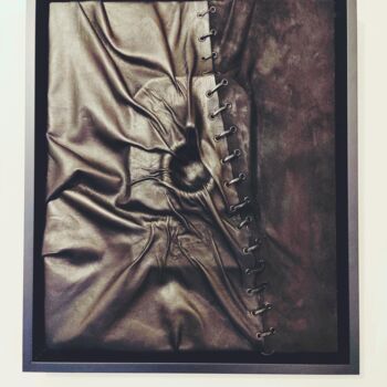 Sculpture titled "Scar" by Karen Ossona, Original Artwork, Leather Mounted on Wood Stretcher frame