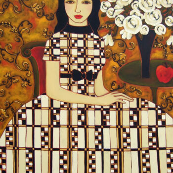 Картина под названием "Woman with Ivory Ro…" - Karen Rieger, Подлинное произведение искусства, Масло Установлен на Деревянна…