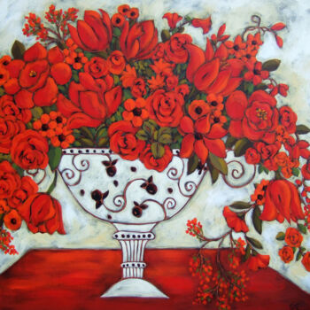 Pintura titulada "Ivory Vase with Red…" por Karen Rieger, Obra de arte original, Acrílico Montado en Bastidor de camilla de…