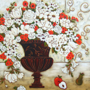 Painting titled "Red and White Bloom…" by Karen Rieger, Original Artwork, Acrylic