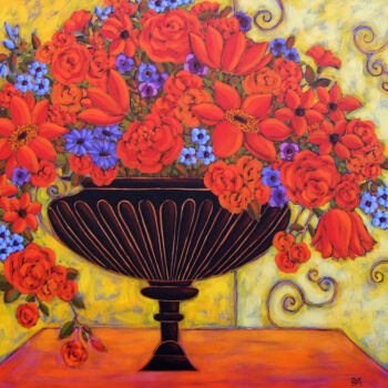 Painting titled "Red Roses and Tulips" by Karen Rieger, Original Artwork, Acrylic Mounted on Wood Stretcher frame