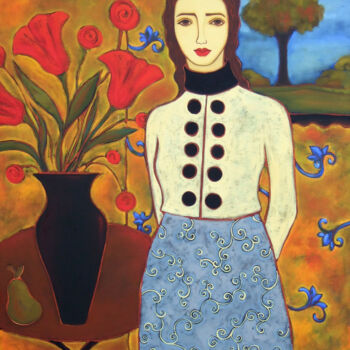 Painting titled "Woman with Tulips &…" by Karen Rieger, Original Artwork, Oil Mounted on Wood Stretcher frame