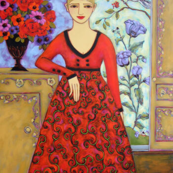 Painting titled "Woman with Bouquet…" by Karen Rieger, Original Artwork, Acrylic Mounted on Wood Stretcher frame