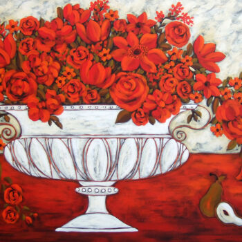 Painting titled "Red Bouquet with Wh…" by Karen Rieger, Original Artwork, Acrylic Mounted on Wood Stretcher frame