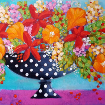 「Spring Bouquet with…」というタイトルの絵画 Karen Riegerによって, オリジナルのアートワーク, アクリル ウッドストレッチャーフレームにマウント