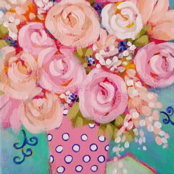 Painting titled "Pink Says Hello" by Karen Rieger, Original Artwork, Acrylic Mounted on Wood Stretcher frame
