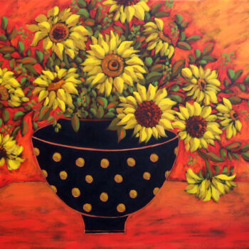 Painting titled "Sunflowers" by Karen Rieger, Original Artwork, Acrylic Mounted on Wood Stretcher frame