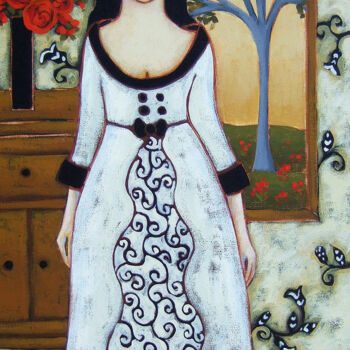 Картина под названием "Woman with Ivory Go…" - Karen Rieger, Подлинное произведение искусства, Акрил Установлен на Деревянна…