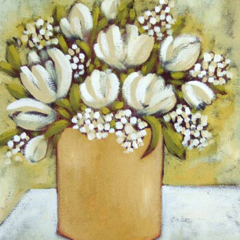 Картина под названием "White Tulips" - Karen Rieger, Подлинное произведение искусства, Масло Установлен на Деревянная рама д…