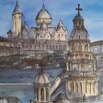 Malerei mit dem Titel "Sacré-Coeur Nocturne" von Karina Azarian, Original-Kunstwerk, Aquarell