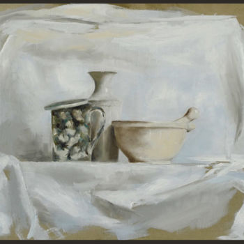 Malerei mit dem Titel "Stilleben mit Mörser" von Karina Plachetka, Original-Kunstwerk, Öl