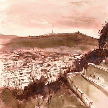 Painting titled "Barcelona skyline" by Karina Plachetka, Original Artwork, Ink