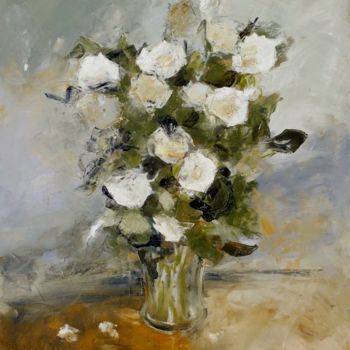 Painting titled "White roses" by Karina Plachetka, Original Artwork, Oil