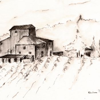 Dessin intitulée "Old farm in Tuscany" par Karina Plachetka, Œuvre d'art originale, Encre