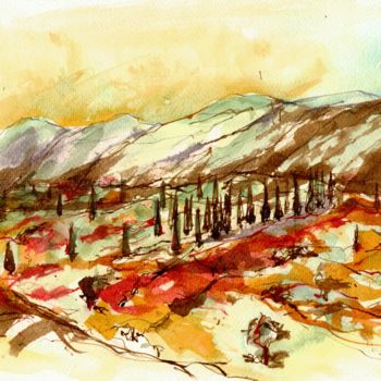 Malerei mit dem Titel "Greek landscape" von Karina Plachetka, Original-Kunstwerk, Tinte