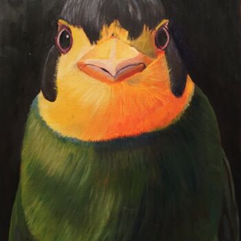 Painting titled "Birdy" by Karine Dessans, Original Artwork, Oil Mounted on Wood Stretcher frame