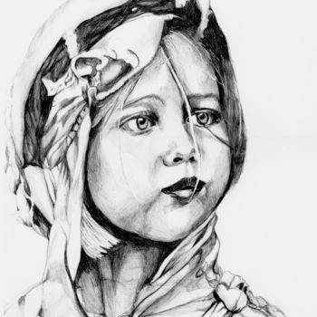 Zeichnungen mit dem Titel "Enfant SDF au stylo…" von Karine Lambert, Original-Kunstwerk, Kugelschreiber