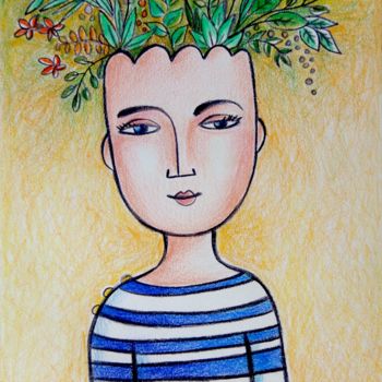 Dessin intitulée "Homme pot de fleurs…" par Kalam, Œuvre d'art originale, Crayon