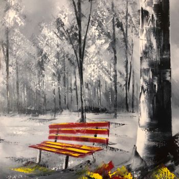 Painting titled "Au près de mon banc" by Karine Marolleau, Original Artwork, Oil Mounted on Wood Stretcher frame