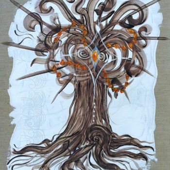 Painting titled "Arbre de Vie / Ambre" by Karine Cathala (KA), Original Artwork, Acrylic