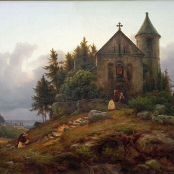 Schilderij getiteld "Chapelle à l'orée d…" door Karl Friedrich Lessing, Origineel Kunstwerk, Olie