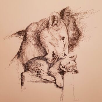 Zeichnungen mit dem Titel "Lionne." von Karl Robial, Original-Kunstwerk, Tinte