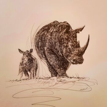 Zeichnungen mit dem Titel "Rhino" von Karl Robial, Original-Kunstwerk, Tinte