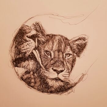 Zeichnungen mit dem Titel "Lionceau." von Karl Robial, Original-Kunstwerk, Tinte