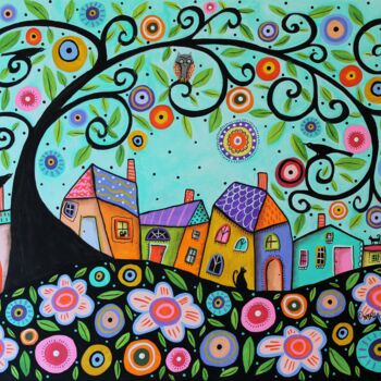 Pintura titulada "Whimsical Town" por Karla Gerard, Obra de arte original, Acrílico Montado en Bastidor de camilla de madera