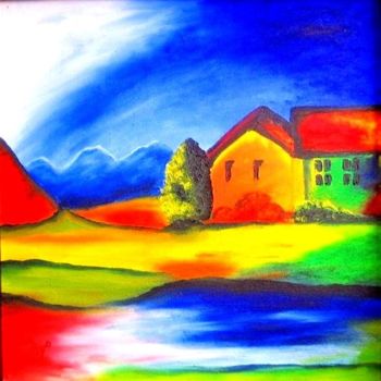 Malerei mit dem Titel "Haus im Licht" von Kafi, Original-Kunstwerk, Öl