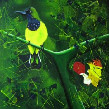 Malerei mit dem Titel "BIRD IN TREE !" von Kafi, Original-Kunstwerk, Öl