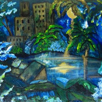 Peinture intitulée "GREEN IN THE NIGHT !" par Kafi, Œuvre d'art originale, Huile