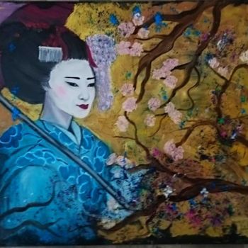 Painting titled "Geisha" by Karnakiev, Original Artwork, Oil Mounted on Wood Stretcher frame